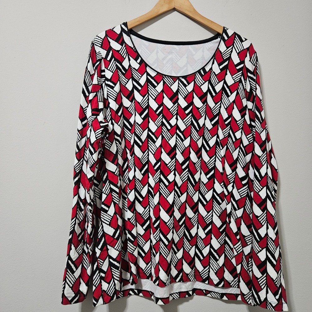 Kim Rogers Womens XXL Red Black White Geometric Long Sleeve Scoop Neck Top